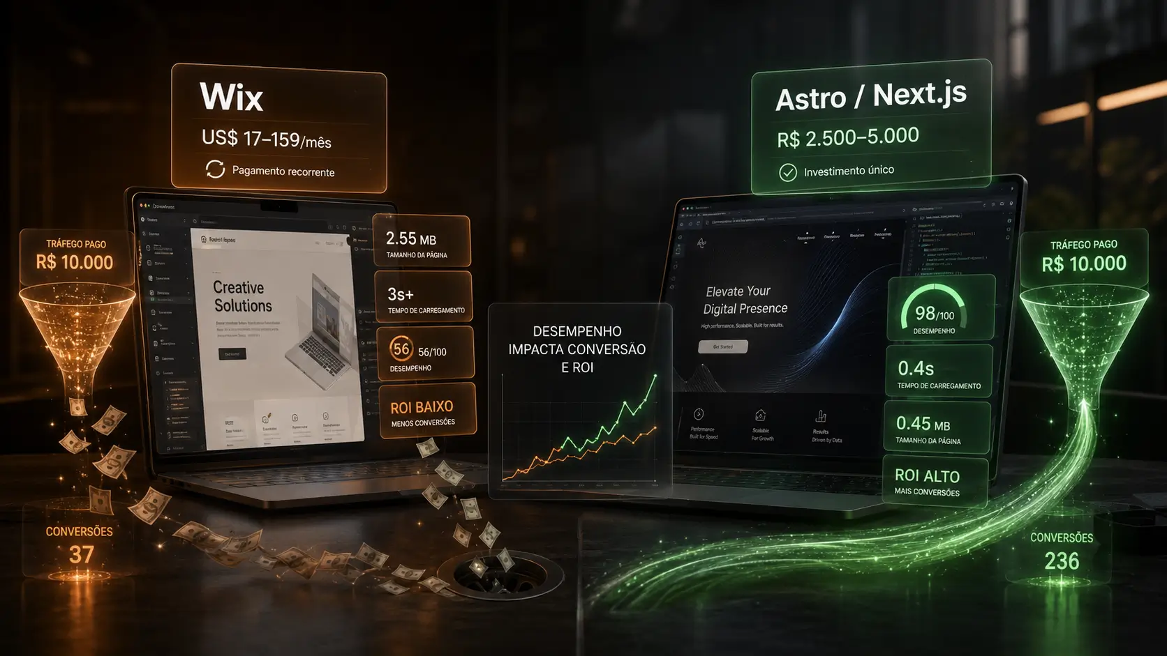 Landing page no Wix vs. landing page profissional em Astro/Next.js: comparativo de preço e ROI em 2026